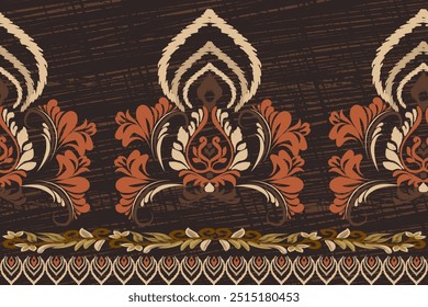 Ikat Blumenmuster handgezeichnet auf Dunkle Töne, Motiv ethnische florale nahtlose Textil, Stickerei, Druck gestreifte Ornament floral, Muster, Design für die Verpackung, Seide, Schal, Hintergrund, Textil