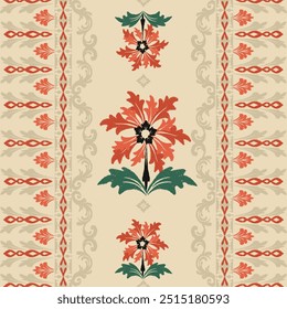 Ikat Blumenmuster handgezeichnet auf Erdton, Motiv ethnische florale nahtlose Textil, Stickerei, Druck gestreifte Ornament floral, Muster, Design für die Verpackung, Seide, Schal, Hintergrund, Textil