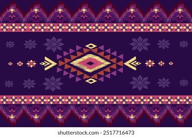 Ikat  floral pattern hand drawn on Purple tone, Motif ethnic  floral seamless textil,  embroidery, print striped ornament floral, pattern, design for wrapping, silk, scarf, background, textile