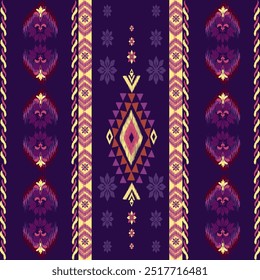 Ikat patrón floral dibujado a mano en tono púrpura, motivo étnico floral textil sin costuras, bordado, estampado de rayas ornamento, patrón floral, diseño para envolver, seda, bufanda, fondo, textil