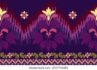 Ikat  floral pattern hand drawn on Purple tone, Motif ethnic  floral seamless textil,  embroidery, print striped ornament floral, pattern, design for wrapping, silk, scarf, background, textile