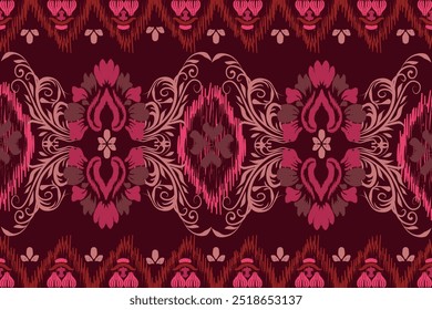 Ikat patrón floral dibujado a mano en tono púrpura, motivo étnico floral textil sin costuras, bordado, estampado de rayas ornamento, patrón floral, diseño para envolver, seda, bufanda, fondo, textil