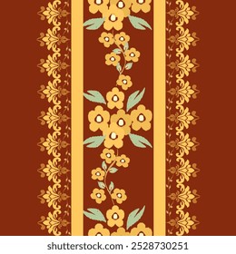 Ikat  floral pattern hand drawn on Brown tone, Motif ethnic  floral seamless textil,  embroidery, print striped ornament floral, pattern, design for wrapping, silk, scarf, background, textile