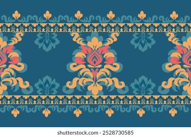 Ikat  floral pattern hand drawn on Sea blue tone, Motif ethnic  floral seamless textil,  embroidery, print striped ornament floral, pattern, design for wrapping, silk, scarf, background, textile
