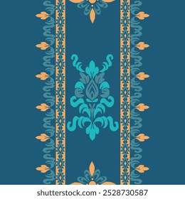 Ikat patrón floral dibujado a mano en tono azul marino, Motivo étnico floral sin costuras textil, bordado, impresión de rayas ornamento, patrón floral, diseño para envolver, seda, bufanda, fondo, textil