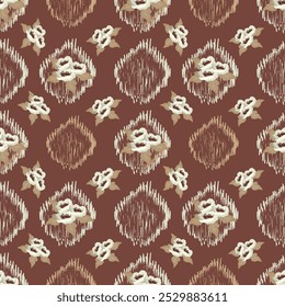 Ikat  floral pattern hand drawn on Brown tone, Motif ethnic  floral seamless textil,  embroidery, print striped ornament floral, pattern, design for wrapping, silk, scarf, background, textile