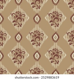Ikat  floral pattern hand drawn on Brown tone, Motif ethnic  floral seamless textil,  embroidery, print striped ornament floral, pattern, design for wrapping, silk, scarf, background, textile