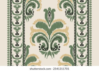 Ikat Floral Pattern on Beige Background. Ethnic Traditional Oriental Embroidery in Aztec Style. Abstract Design for Surface, Fabric, Clothing, Printing, and Carpet.