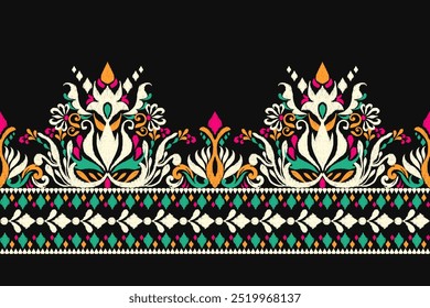 Ikat floral pattern on black background,vector illustration,Ikat ethnic oriental pattern,Ikat flower embroidery,Aztec style,hand drawn pattern.design for texture,fabric,clothing,decoration,sarong.