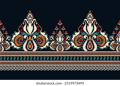 Ikat floral pattern on black background,vector illustration,Ikat ethnic oriental pattern,Ikat flower embroidery,Aztec style,hand drawn pattern.design for texture,fabric,clothing,decoration,sarong.