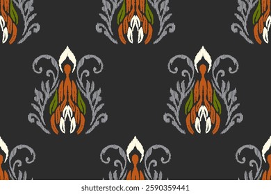 Ikat floral pattern on black background vector illustration.Ikat ethnic oriental embroidery.Aztec style,abstract background.design for texture,fabric,clothing,decoration,carpet,print.