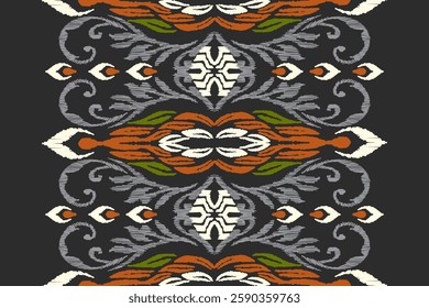 Ikat floral pattern on black background vector illustration.Ikat ethnic oriental embroidery.Aztec style,abstract background.design for texture,fabric,clothing,decoration,carpet,print.