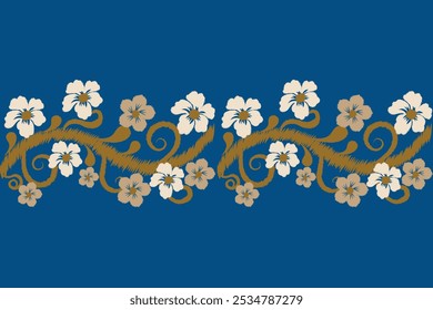 Ikat floral pattern on blue background. Vector illustration Ethnic oriental ikat embroidery, Aztec style, patterns for textures, fashion, clothing, decoration, fashion.