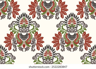 Patrón floral Ikat sobre fondo blanco. Ilustración vectorial de patrón étnico Ikat, estilo azteca, dibujado a mano, bordado barroco. diseño para textura, tela, ropa, decoración, alfombra, impresión.