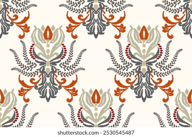 Patrón floral Ikat sobre fondo blanco. Ilustración vectorial de patrón étnico Ikat, estilo azteca, dibujado a mano, bordado barroco. diseño para textura, tela, ropa, decoración, alfombra, impresión.