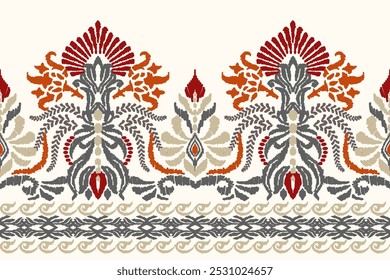 Patrón floral Ikat sobre fondo blanco. Ilustración vectorial de patrón étnico Ikat, estilo azteca, dibujado a mano, bordado barroco. diseño para textura, tela, ropa, decoración, alfombra, impresión.