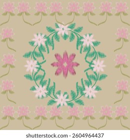 Ikat Floral pattern seamless embroidery background border. Earth tone Flower motif with leaves Vintage minimal style vector illustration. Floral abstract. Design for textile, fabric, tile, decoration.