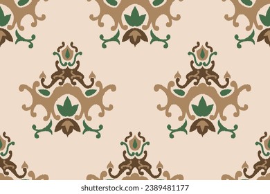 Patrón Floral Ikat Marrón Verde Seamless Oscuro. Patrón oriental étnico-oriental paisley azteca Embroidery tradicional. Diseño Ikat Para Alfombras, Textura, Ropa, Tela, Sarong, Saree, Decoración

