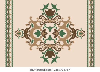 Patrón Floral Ikat Marrón Verde Seamless Oscuro. Patrón oriental étnico-oriental paisley azteca Embroidery tradicional. Diseño Ikat Para Alfombras, Textura, Ropa, Tela, Sarong, Saree, Decoración
