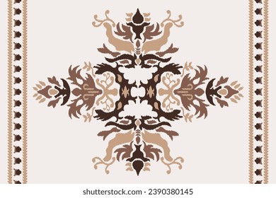 Ikat Floral Pattern Seamless Green Brown Soft Dark On White Background. Paisley Aztec Embroidery Ethnic Oriental Pattern Traditional. Ikat Design For Carpet, Texture, Clothing, Fabric, Sarong, Saree, 