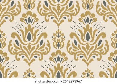 Ikat floral pattern with traditional damask embroidery design in seamless style, ethnic abstract texture illustration for fabric, clothing, wall art, textile, and decorative backgrounds.