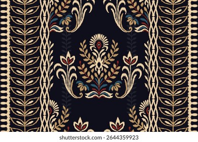 Ikat floral pattern with traditional embroidery damask elements in seamless style, ethnic illustration with abstract textile texture design for fabric, clothing, and decoration use.