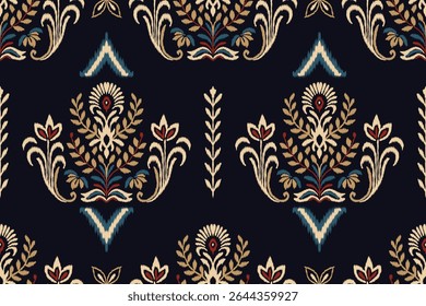 Ikat floral pattern with traditional embroidery damask elements in seamless style, ethnic illustration with abstract textile texture design for fabric, clothing, and decoration use.