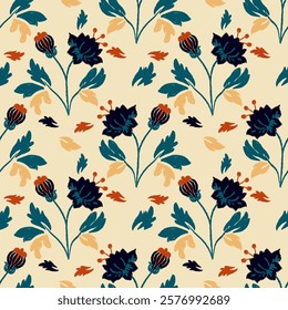 Ikat floral pattern vector design featuring intricate patterns with vibrant orange, navy, and teal tones. Perfect for fabric designs, decorative projects, and digital artwork.