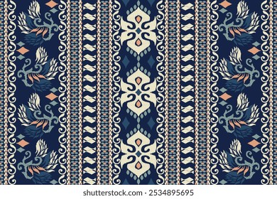 Ikat floral pattern,Ikat design pattern,Ikat ethnic oriental pattern on navy blue background,vector illustration,Aztec style,hand drawn.design for texture,fabric,clothing,decoration,scarf,print,sarong