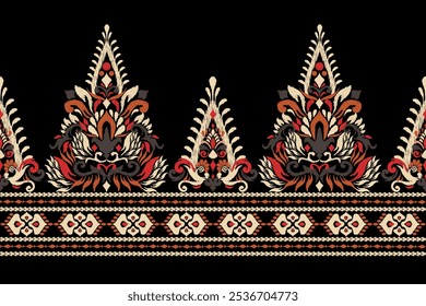 Motif floral Ikat, motif de design Ikat sur fond noir, illustration vectorielle, motif oriental ethnique Ikat traditionnel, style aztèque, design baroque.design pour texture, tissu, vêtements, décoration, sarong, impression.