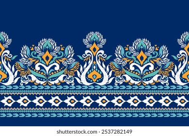 Ikat floral pattern,Ikat design pattern on navy blue background,vector illustration,Ikat ethnic oriental pattern traditional,Aztec style,baroque.design for texture,fabric,clothing,decoration,sarong.