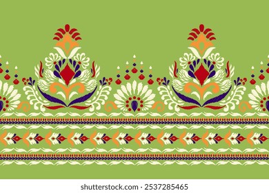 Ikat floral pattern,Ikat design pattern on green background,vector illustration,Ikat ethnic oriental pattern traditional,Aztec style,baroque.design for texture,fabric,clothing,decoration,sarong,print