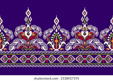 Patrón floral de Ikat, patrón de diseño de Ikat sobre fondo púrpura, Ilustración vectorial, patrón oriental étnico tradicional de Ikat, estilo azteca, barroco. diseño para textura, tela, ropa, decoración, sarong, impresión