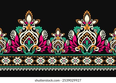 Patrón floral de Ikat, patrón de diseño de Ikat sobre fondo negro, Ilustración vectorial, patrón oriental étnico tradicional de Ikat, estilo azteca, barroco. diseño para textura, tela, ropa, decoración, sarong, impresión