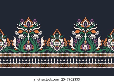 Patrón floral de Ikat, patrón de flores de Ikat sobre fondo negro, Ilustración vectorial, patrón floral de Damasco Ikat, estilo barroco, bordado dibujado a mano. diseño para textura, tela, ropa, decoración, sarong.