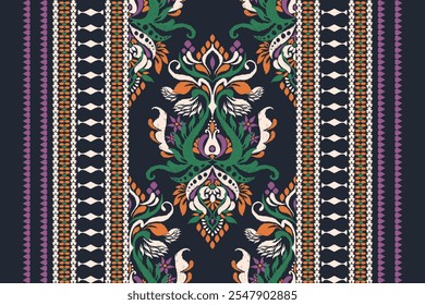 Patrón floral de Ikat, patrón de flores de Ikat sobre fondo negro, Ilustración vectorial, patrón floral de Damasco Ikat, estilo barroco, bordado dibujado a mano. diseño para textura, tela, ropa, decoración, kilim, impresión