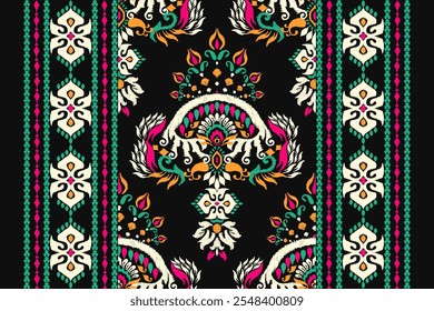 Patrón floral de Ikat, patrón de flores de Ikat sobre fondo negro, Ilustración vectorial, patrón floral de Damasco Ikat, estilo barroco, bordado dibujado a mano. diseño para textura, tela, ropa, decoración, kilim, impresión