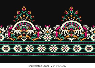 Patrón floral de Ikat, patrón de flores de Ikat sobre fondo negro, Ilustración vectorial, patrón floral de Damasco Ikat, estilo barroco, bordado dibujado a mano. diseño para textura, tela, ropa, decoración, sarong.