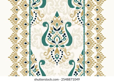 Patrón floral de Ikat, patrón de flores de Ikat sobre fondo blanco, Ilustración vectorial, patrón floral de Damasco Ikat, estilo barroco, bordado dibujado a mano. diseño para textura, tela, ropa, decoración, kilim, impresión