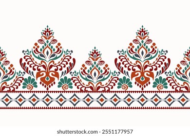 Patrón floral de Ikat, patrón de flores de Ikat sobre fondo blanco, Ilustración vectorial, patrón floral de Damasco Ikat, estilo barroco, bordado dibujado a mano. diseño para textura, tela, ropa, decoración, sarong.