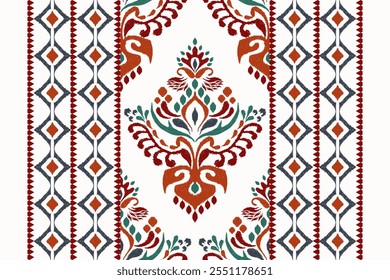 Patrón floral de Ikat, patrón de flores de Ikat sobre fondo blanco, Ilustración vectorial, patrón floral de Damasco Ikat, estilo barroco, bordado dibujado a mano. diseño para textura, tela, ropa, decoración, kilim, impresión