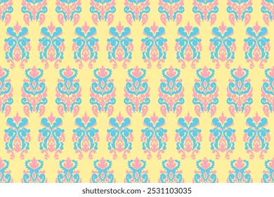 Ikat floral seamless pattern on background,damask seamless pattern,vector illustration,Ikat ethnic oriental embroidery,Aztec style,baroque.design for texture,fab,clothing,decoration,fashion.