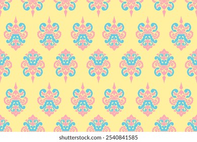 Ikat floral nahtloses Muster auf Hintergrund, Damast nahtloses Muster, Vektorgrafik, Ikat ethnisch-orientalische Stickerei, Aztekenstil, baroque.design für Textur, Fab, Kleidung, Dekoration, Mode.