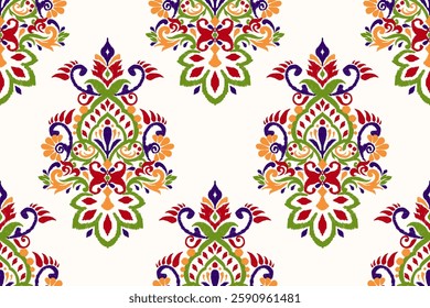 Ikat floral seamless pattern on white background,vector illustration,damask seamless pattern,Ikat flower seamless pattern,abstract background.design for texture,fabric,clothing,decoration,print,tile.
