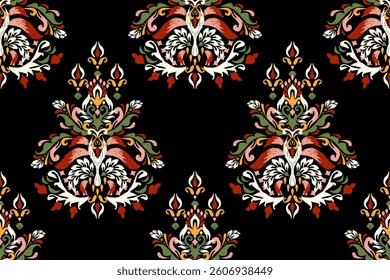 Ikat floral seamless pattern on black background,Ikat oriental seamless pattern,vector illustration,Ikat ethnic flower seamless pattern,Aztec style.design for texture,fabric,clothing,decoration,print