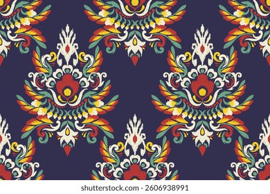 Ikat floral seamless pattern on blue background,Ikat oriental seamless pattern,vector illustration,Ikat ethnic flower seamless pattern,Aztec style.design for texture,fabric,clothing,decoration,print.