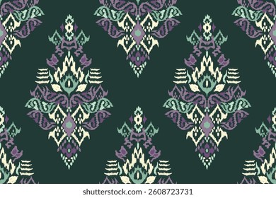 Ikat floral seamless pattern on green background,Ikat oriental seamless pattern,vector illustration,Ikat ethnic flower seamless pattern,Aztec style.design for texture,fabric,clothing,decoration,print