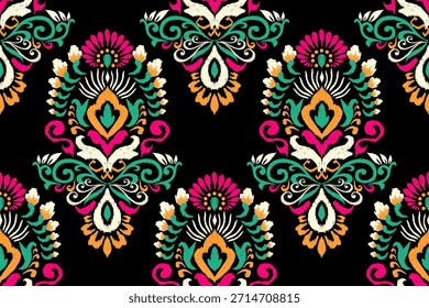 Patrón inconsútil floral de Ikat sobre fondo negro, patrón inconsútil oriental étnico de Ikat, Ilustración vectorial, bordado floral de Ikat, patrón de damasco. diseño para textura, tela, ropa, decoración, impresión.