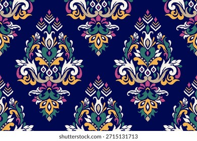 Patrón inconsútil floral de Ikat sobre fondo azul marino, patrón inconsútil oriental étnico de Ikat, Ilustración vectorial, bordado floral de Ikat, patrón de damasco. diseño para textura, tela, ropa, decoración, impresión