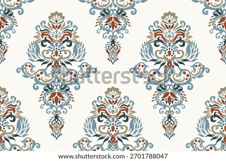 Ikat floral seamless pattern on white background,Ikat ethnic oriental seamless pattern,vector illustration,Ikat floral embroidery,damask pattern.design for texture,fabric,clothing,decoration,print,carpet